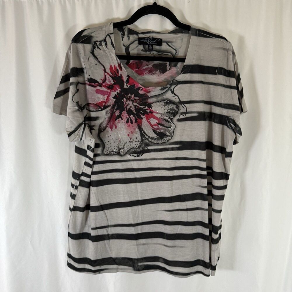 Avenida Azul Women Blouse 1X Grey Pink Floral Short Sleeve Vneck Lightweight